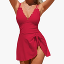 Charmo One Piece Swimdress Swimsuits for Women Scalloped Tummy Control Swim Dress Tie Knot Skirt Bathing Suit Red S