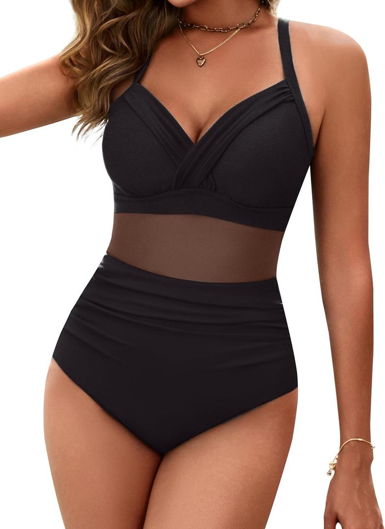 BMJL Women's One Piece Swimsuits Tummy Control Bathing Suit Slimming Sexy Mesh Swimwear (Black, XL)