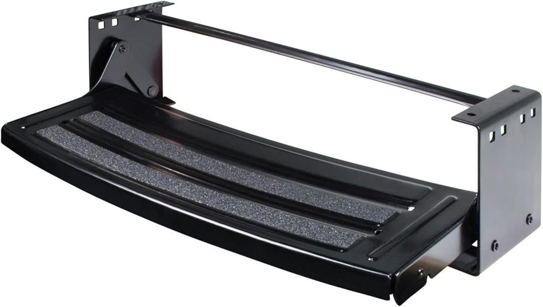 Lippert Components Radius 24" Single Manual RV Step Assembly, 300 lbs. Anti-Slip Steps, Compact One-Hand Expand or Collapse, Black Powder Coat, Travel Trailers, 5th Wheels, Campers - 432678
