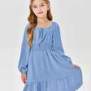 Batermoon Girls Long Sleeve Square Neck Casual Boho Smocked Short Dresses 5-14 Years (Blue, XXL)