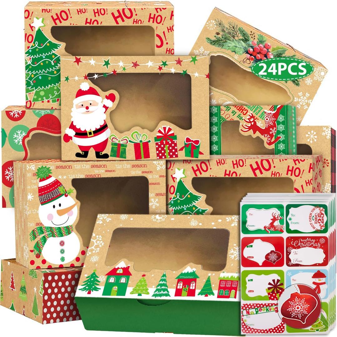24 Christmas Cookie Boxes -Large Holiday Baked Food Container for Gift Giving with 160 Count Christmas Foil Gift Stickers (Kraft paper color (brown))