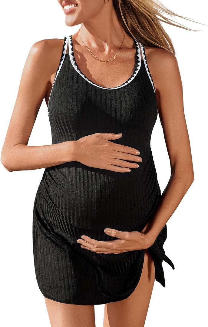 Summer Mae Ribbed Maternity One Piece Swim Dress Pregnancy Swimsuit with Built-in Bottom Swimwear Tie Knot Skirt Bathing Suit (16, Black)