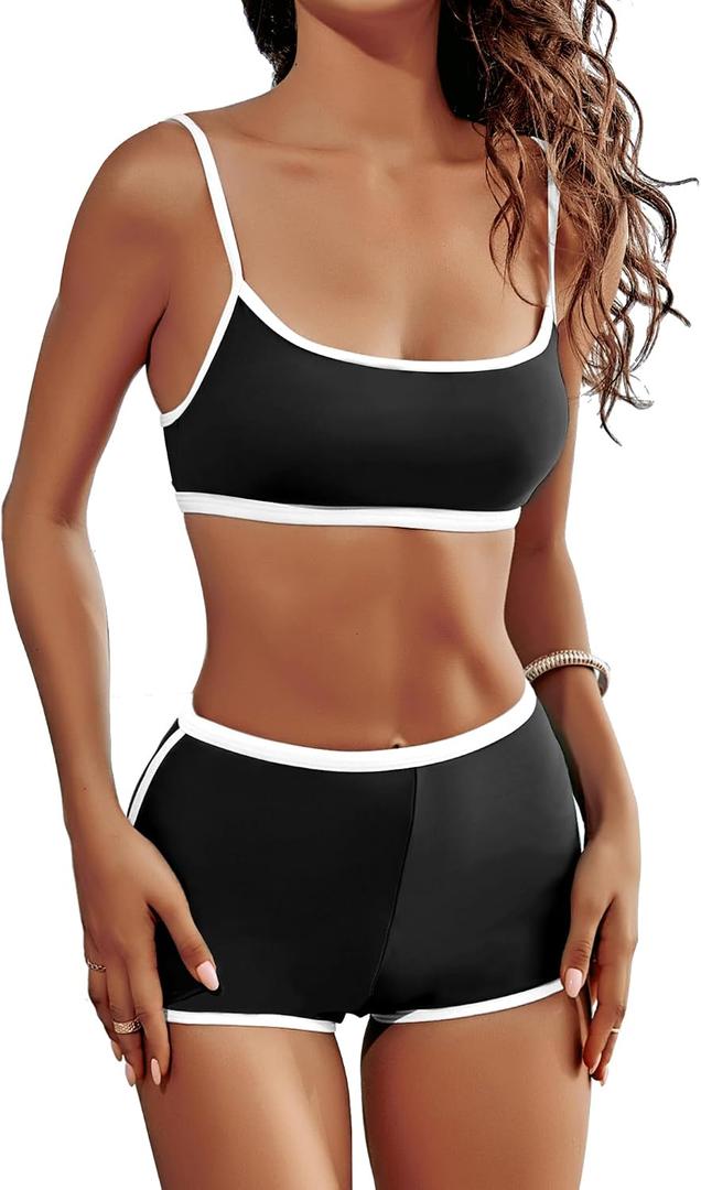 AngiMelo High Waisted Bikini Sets for Women Two Piece Tummy Control Swimsuits Modest Bathing Suit Shorts Swim Suits Teens (Black, S)