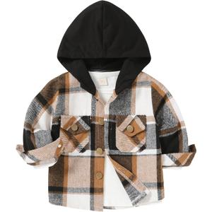 YOUNGER STAR Toddler Kids Boys Girls Flannel Hooded Plaid Shirt Button Baby Red Clothes (2-3T, Khaki Hooded Coat)