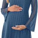 Sparkly Mesh Mini Maternity Dress Sheer Bell Sleeves Tie Back Pregnant Dresses Baby Shower Photoshoot Casual (Large, Blue)