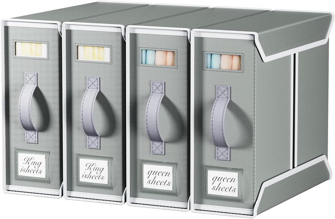 Yecaye 4 Pack Bed Sheet Organizers and Storage(King & Queen Size), Foldable Bed Sheet Organizer for Linen Closet, Bedding Storage Box with Window for Bedsheets, Duvet Cover and Pillowcase (Grey Green)