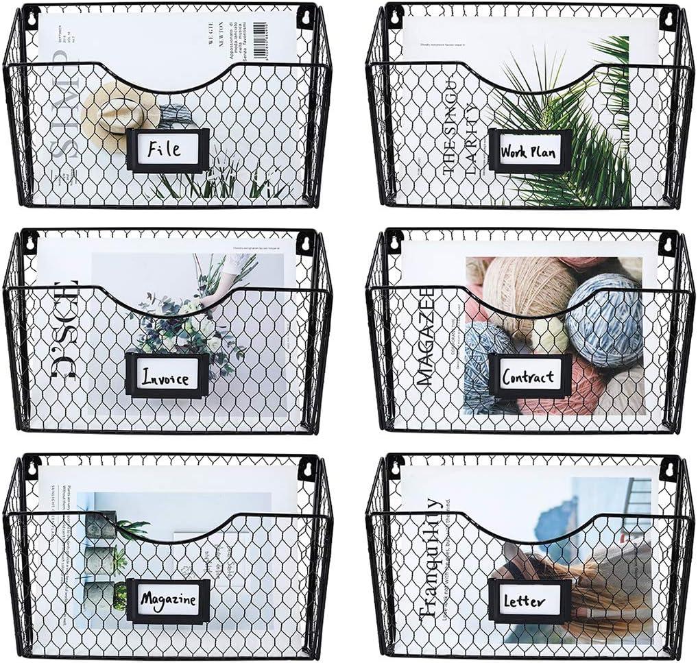 PAG 6 Pockets Hanging File Holder Wall Mount Mail Organizer Metal Chicken Wire Magazine Rack with Tag Slot, Black