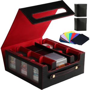 9-in-1 MTG Deck Box with Handle - Fits 1000+ Trading Cards or 8 Commander Decks - Premium Black Red Leather TCG Storage Case with 8 Removable Trays & 10 Dividers - For Magic, YGO, PTCG