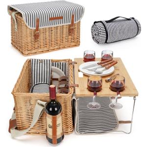 Wicker Picnic Basket for 4 with Wine Table - Stripe