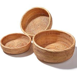 Honey Brown Natural Rattan Bread Basket Set of 3 - Handwoven Round Wicker Serving Bowls for Fruit, Snacks, Kitchen Counter Organizing | Stackable Farmhouse Decor