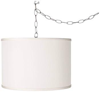 2 Pack White Linen Drum Shade Hanging Pendant Light Fixture with Black Pole, 2-Pack