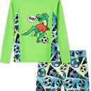 Boys Two Piece Rash Guard Swimsuits Kids Long Sleeve Printed Swimwear Sets Quick Dry Bathing Suit Boys 4-12 Years (Green)