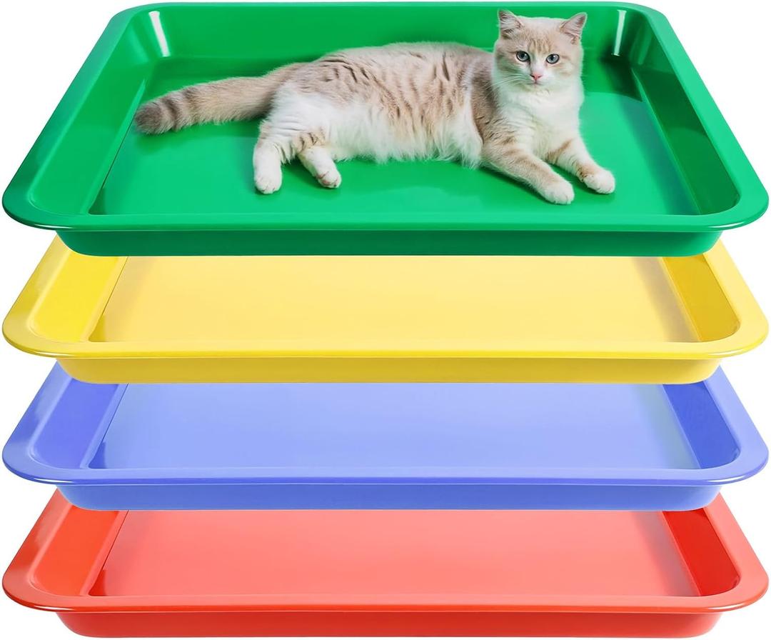 4 PCS Multicolor Low Entry Cat Litter Box Portable Small Open Senior Cats Ferret Litter Boxes Pan Waterproof Plastic Travel Litters Box Tray for Small Senior Cats Guinea Pets, 17.3 X 13.6 X 1.6 Inch