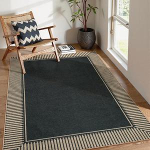 Moynesa Striped Border Easy Jute Outdoor Rug 5x7 Area Rugs for Living Room, Washable Indoor Outdoor Patio Rug Non Slip Low Pile, Black Farmhouse Carpet for Backyard Bedroom Dining Room