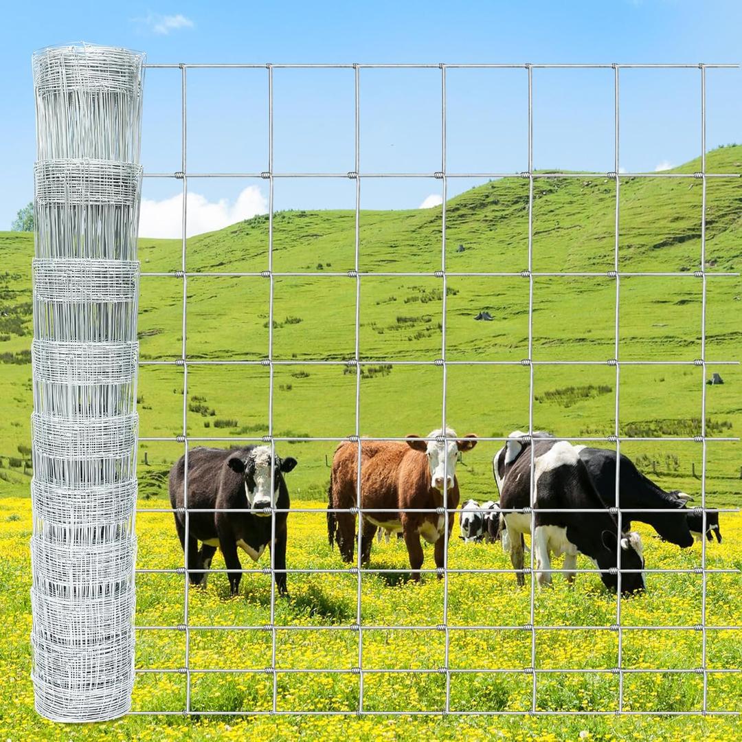 Farm Fence 5ft x 164ft Heavy Zinc Coating Cattle Fence,Galvanized Field Wire Fencing Deer Fence,Goat Fence,Hog Wire Fencing for Yard Livestock & Animals Protection (Silver)