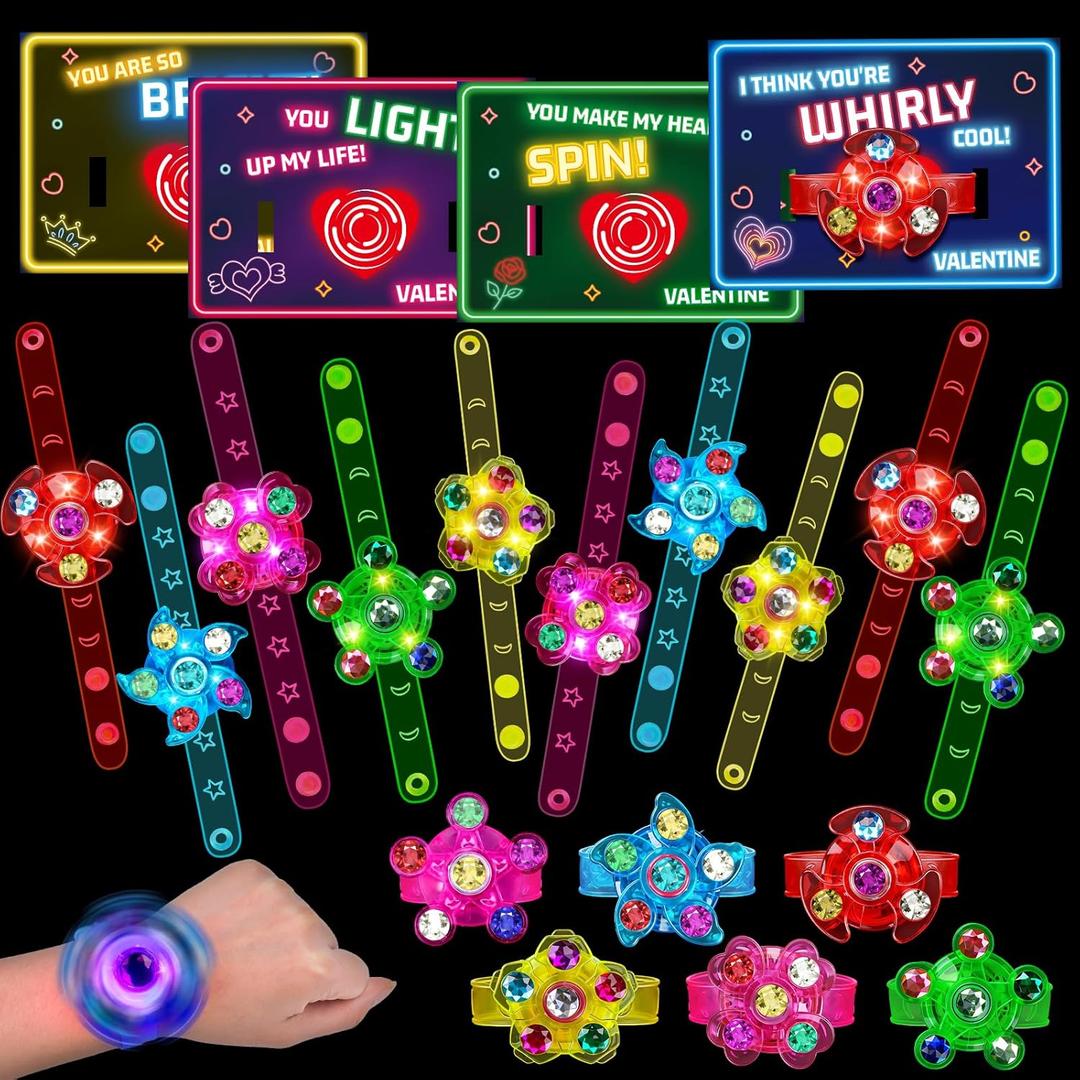 24PCS Light Up Fidget Spinning Bracelets Valentines Day Gifts for Kids School Classroom Funny Valentines Exchange Cards for Toddler Boy Girl Class Valentines Party Favors Treat Bag Stuffers Bulk Toys