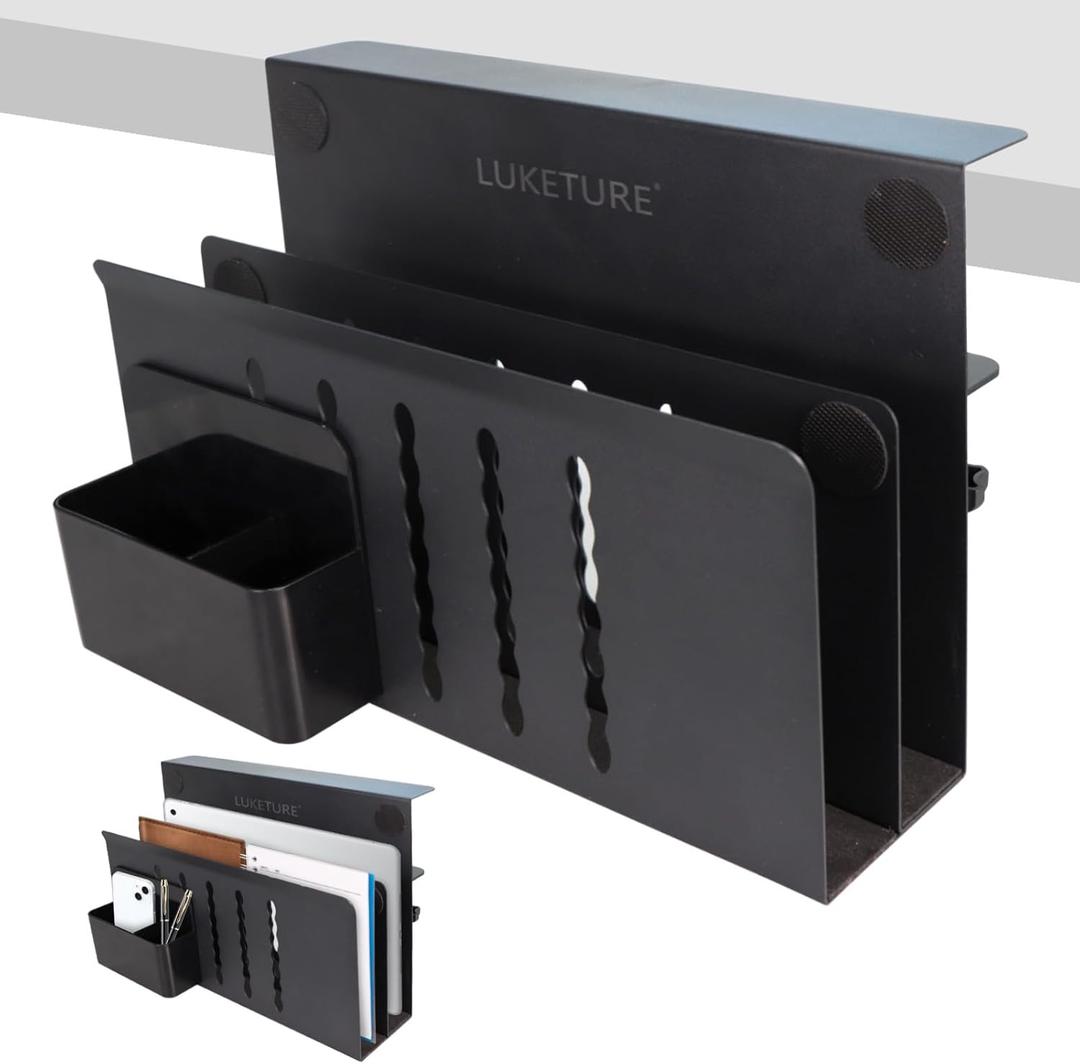 LUKETURE Desk Side Storage, 2 Tier Steel Hanging Organizer, No Drill Side Desk Organizer, Laptop Holder, with Pen Holder, Hanging Table Storage for Office Home, Fits Flat Edge Tables 0.3" to 2.8" (Black)
