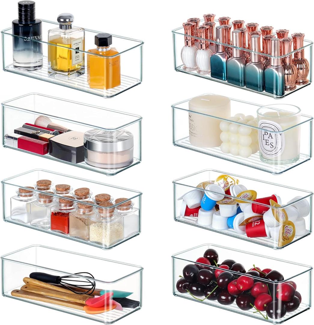Clear Drawer Organizer Bins 8 Pack Stackable Storage Bins for Cutlery Vanity Bathroom Deep Drawer Organizer Tray for Kitchen Cabinet Closet Counter Refrigerator Organization and Storage