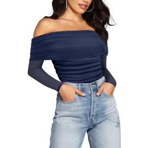 SAUNGKUAI Women's Off The Shoulder Long Sleeve Bodysuit Sexy Slimming Body Suit Tops Sheer Mesh Ruched Outfits (Large, Navyblue)