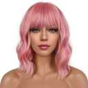 Short Bob Wigs with Bangs for Women Loose Wavy Wig Curly Wavy Shoulder Length Bob Synthetic Cosplay Wig for Girl Colorful Costume Wigs (Lovely Pink)