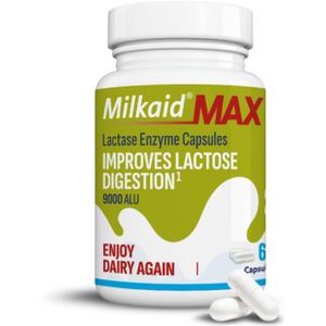Milkaid Max Capsules for Lactose Intolerance Relief with Lactase Enzyme, Dietary Supplement to Help Prevent Gas, Bloating & Diarrhea Due to Lactose Sensitivity | 9000 ALU (60 Capsules, Unflavored) (60 Count (Pack of 1))