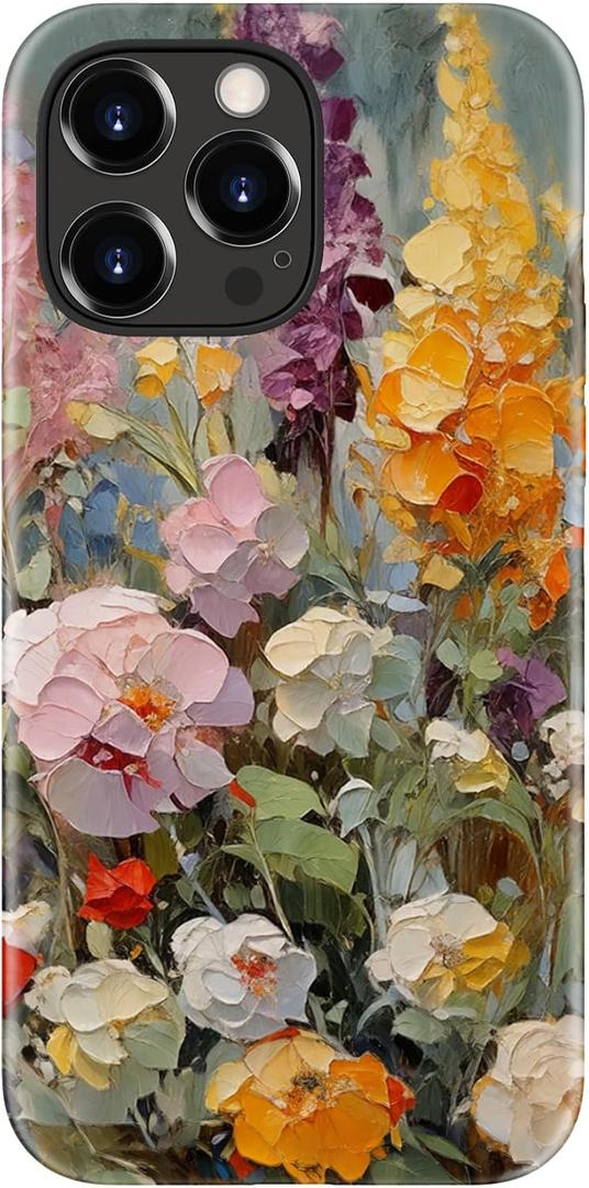 for iPhone 15 Pro Max Case - Wireless Charging Compatible - Dual-Layer Hard Shell + Silicone Cover - Shockproof Protective Phone Case with Stylish Designs for Women - Oil Painting Flowers