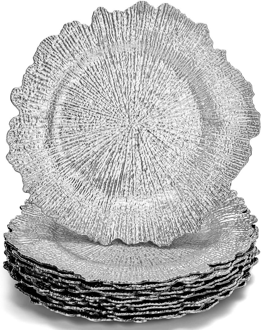 WUWEOT 12 Pack Charger Plates, 13" Round Plastic Reef Plate Chargers with Flora Reef Design for Wedding Dinner Party Decoration (Silver)