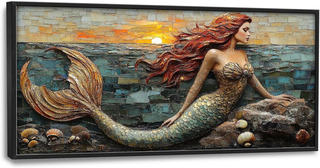 Large Beach Mermaid Wall Art for Living Room, Sunrise Coastal Canvas Oversized Wall Decor, Ocean Aesthetics Framed Pictures Painting Print Artwork for Bedroom Office 60L x 30W