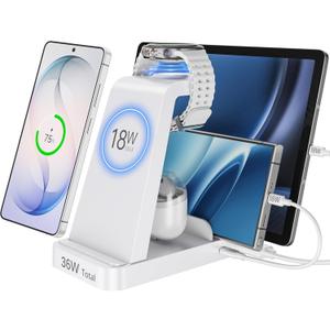 5 in 1 Wireless Charger for Samsung, Wireless Charging Station for Multiple Devices, Fast Charger Stand for Samsung Galaxy S26 S25 S24 S23 S22 Note 20 10 Z Fold 7 6 Galaxy Watch 8 7 6 5 Buds,White
