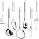 HIFIND Stainless Steel Cooking Utensils 7PCS Kitchen Utensils Set, Heat Resistant Handle Utensils Set Included Ladle, Meat Fork, Slotted Spatula, Pasta Fork, Masher, Solid Spoon, Skimmer Spoon