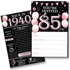 2 x 85th Birthday Party Invitations for Women Men - Back in 1940 Invites Pink 85 Year Old Birthday Invitations Set (20 Invites and Envelopes)