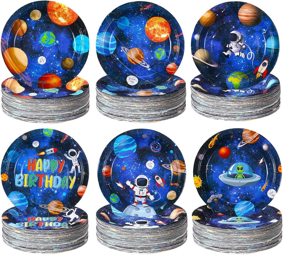 Funnymoom 60 Pcs Outer Space Birthday Party Supplies 7 Inch Solar System Paper Plates Astronaut Dessert Plates Space Theme Party dishes for Birthday Baby Shower Decorations