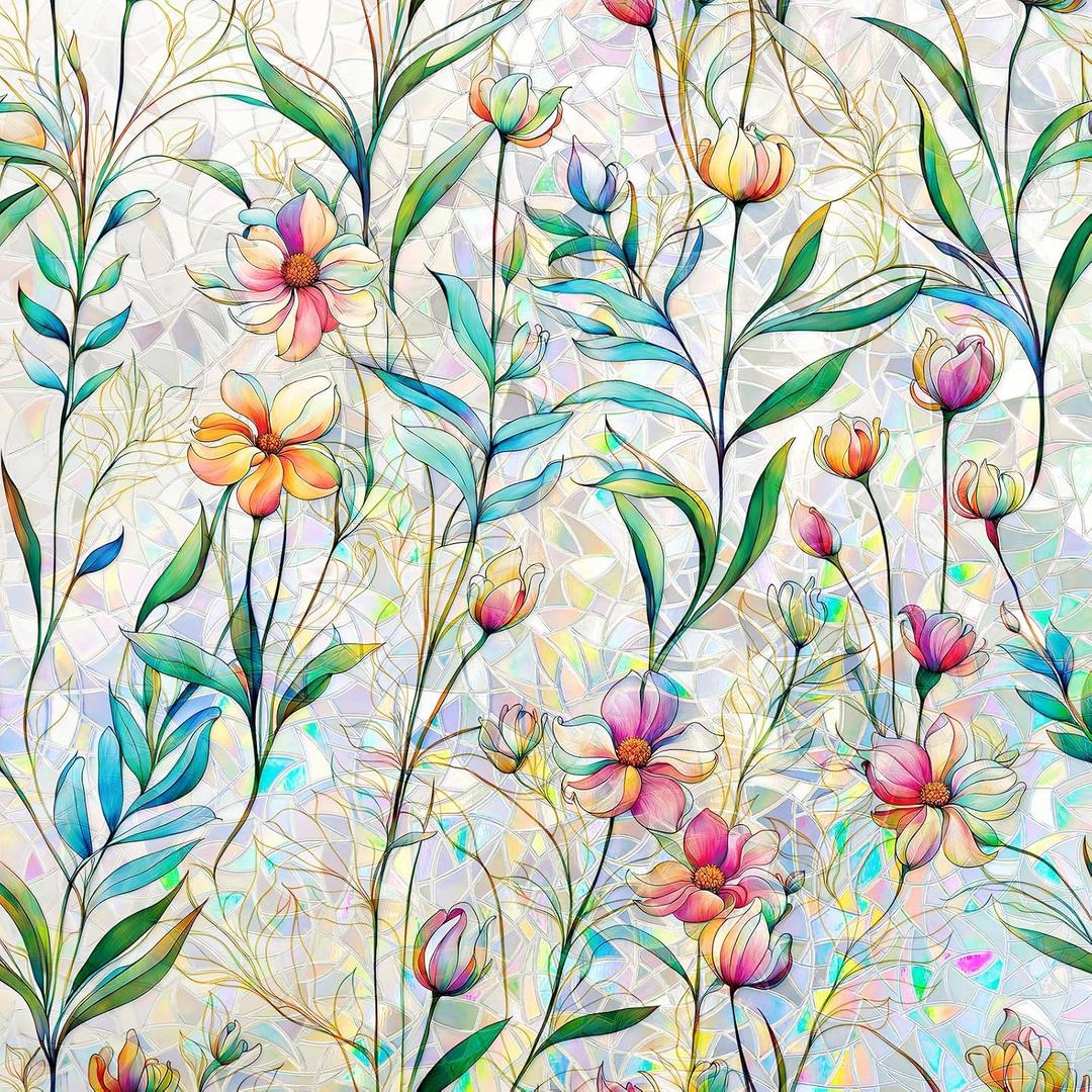 Stained Glass Window Privacy Film Static Cling Decorative Rainbow Window Film, No Adhesive UV Blocking Sun Cling for Bathroom, Bedroom, Glass Doors, Removable Colorful Floral, 23.6 x 157.5 in