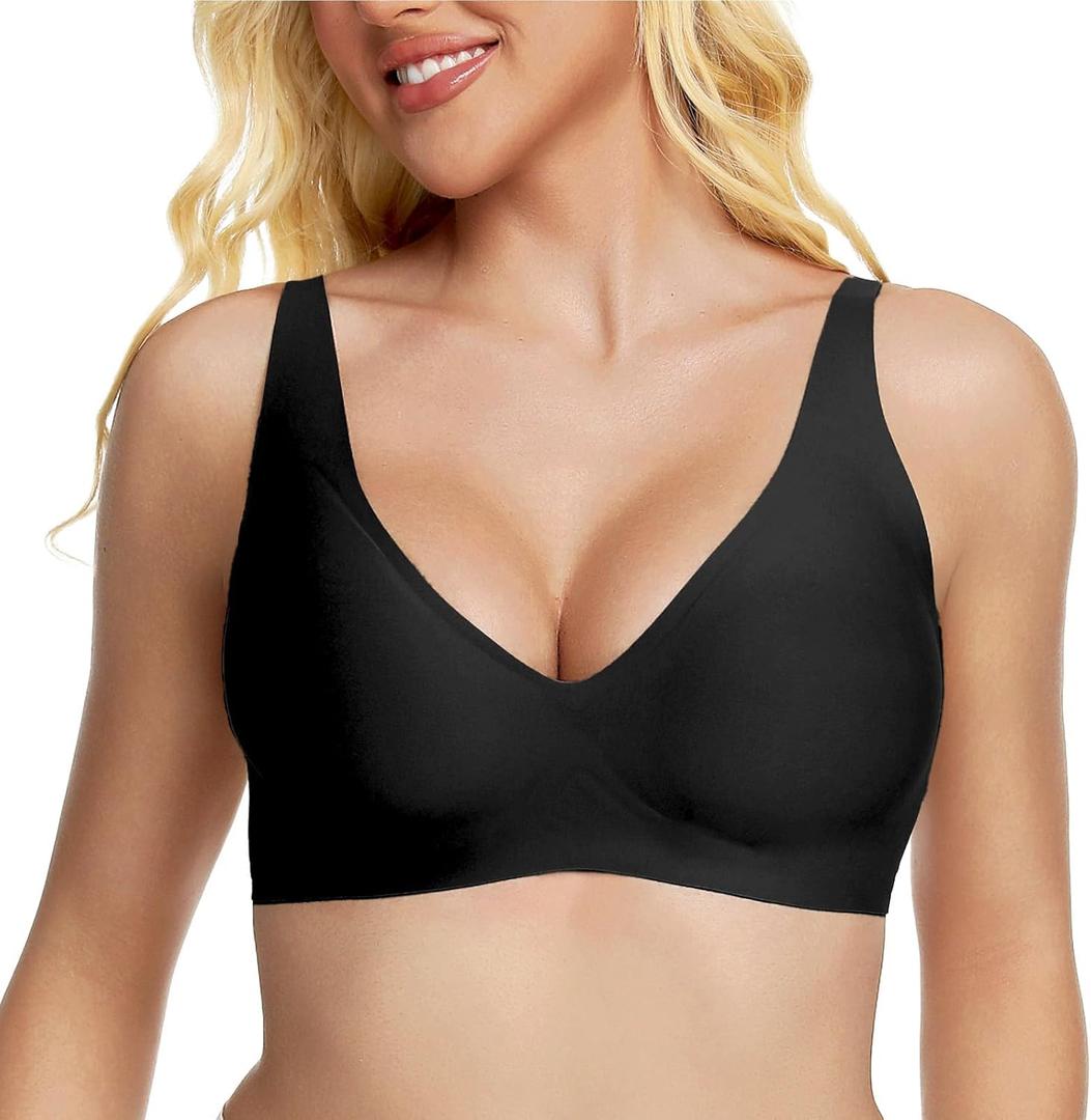 Jelly Wireless Bra Deep V Push Up Seamless T-Shirt Comfortable Plunge No Underwire Bras with Adjustable Straps Everyday Bras (M)