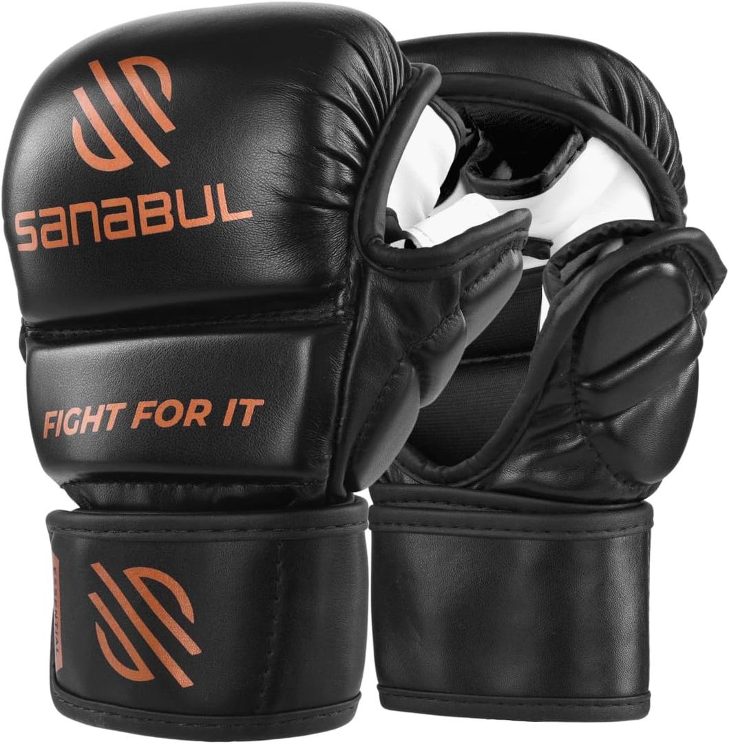 Sanabul Essential 7oz MMA Gloves for Men & Women, Hybrid MMA Martial Arts, Sparring Grappling Training, Padded Kick Boxing Gloves, Black/ Copper Large/ X-Large