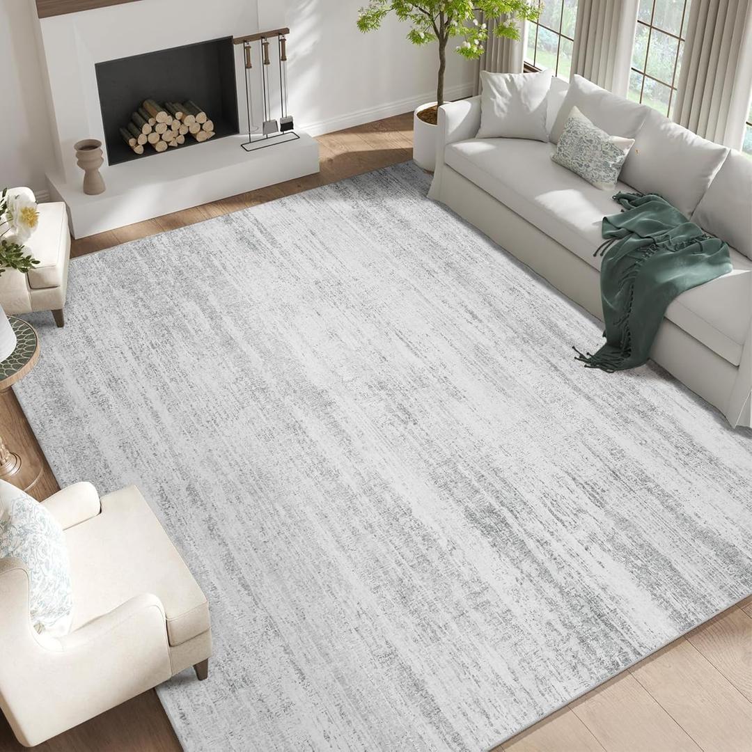 MUJOO 9x12 Area Rug,Washable Rugs for Living Room Bedroom Dining Room,Modern Abstract Large Non Slip Throw Carpet Indoor,Low Pile Accent Neutral Grey