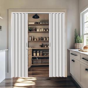 DIYHD 72X80in Double Accordion Door, White Double Layer PVC Folding Door for Closet & Doorway, No Floor Track, Space-Saving Closet Doors, Includes Mounting Hardware, Handle, Latch, Middle Closure