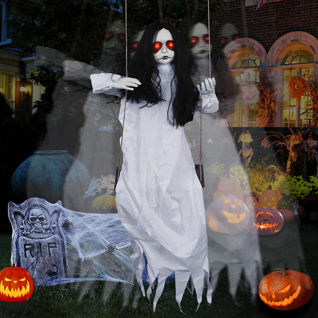 3.9 Ft Halloween Decorations Animatronics Hanging Swinging Girl with Creepy Sound/Light Up Eyes/Scary Expression, Creepy Doll Hanging Ghosts Haunted House Holiday Decor Prop for Indoor Outdoor (White Skirt)