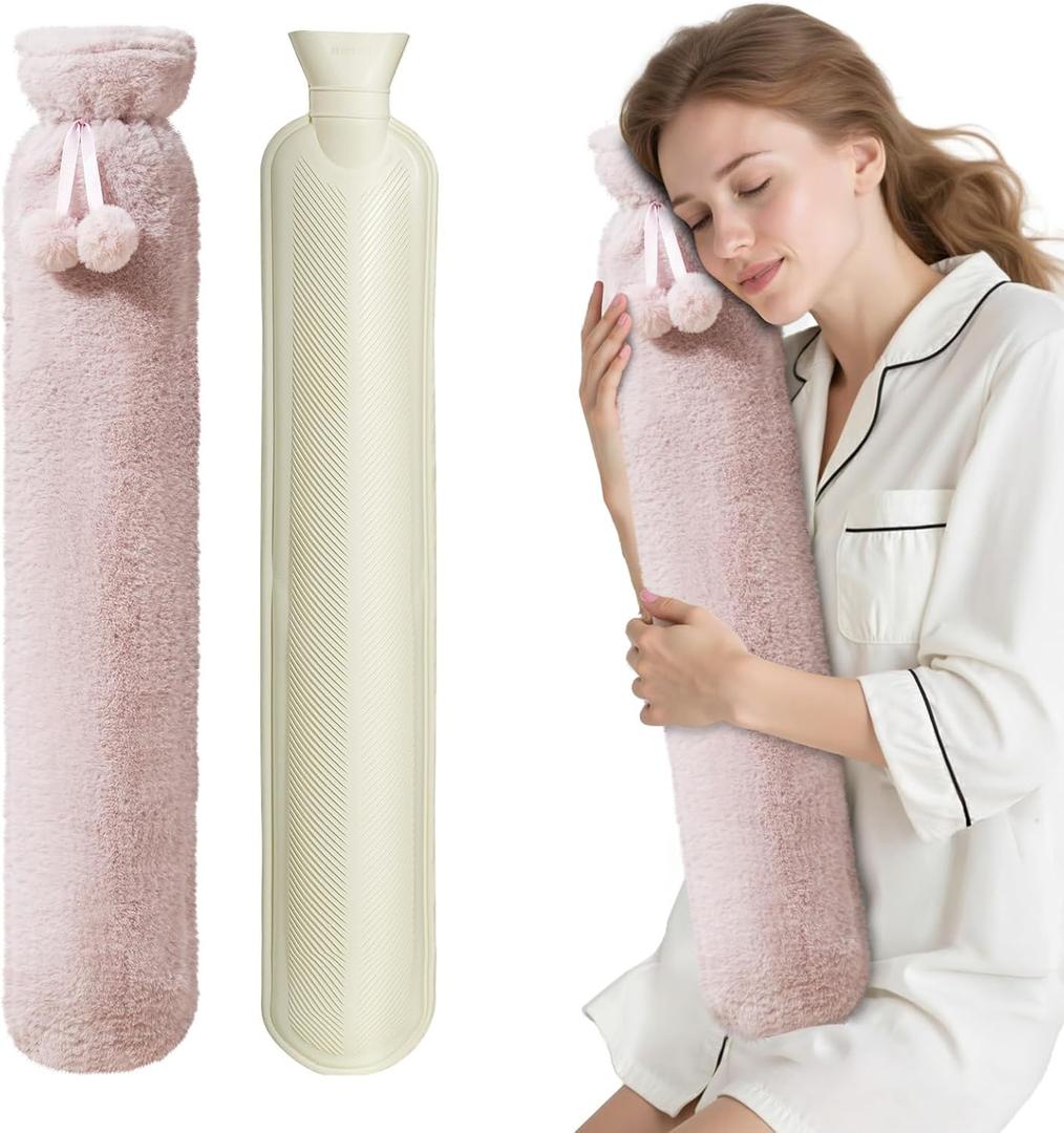 Hot Water Bottle with Cover, 2L Rubber Hot Water Bag with Soft Cover (2 Liter), for Cramps, Compress Pain Relief, Removable Hot Cold Pack (Soft Pink)