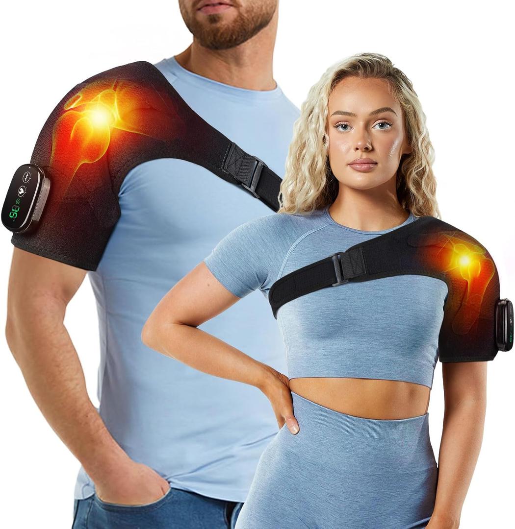 Heated Shoulder Wrap with Massage, Shoulder Heating Pad for Rotator Cuff Frozen Shoulder, Cordless Shoulder Heating Pads Shoulder Massager with Heat (Black)
