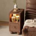 Solid Wood Bedside Table with Charging Function, Ultra-Thin Design, Drawer & Open Storage, for Bedroom, Office, and Living Room(Brown)