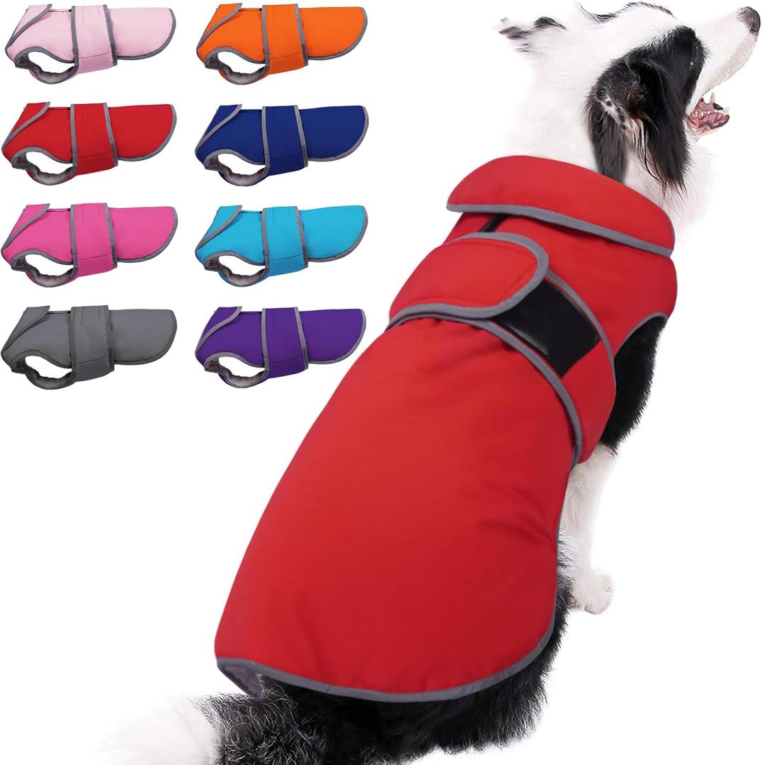 MIGOHI Reflective Waterproof Dog Coat, Medium, Red, Fleece Lined, Stormguard