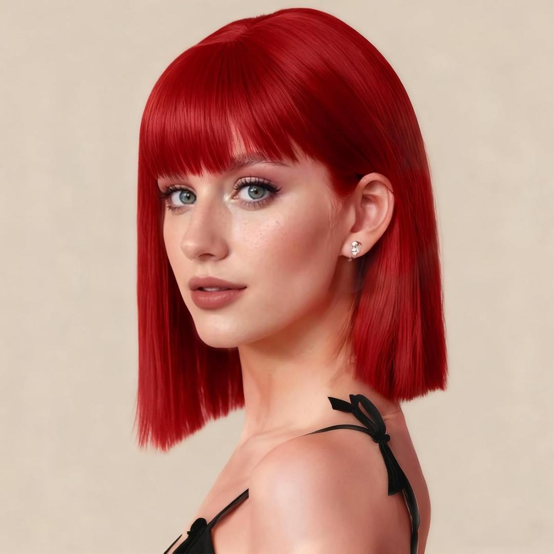 SUKRI Red Bob Wig with Bangs Short Red Wigs for Women Shoulder Length Wigs 12Inch Heat Resistant Synthetic Wig for Daily Party Cosplay