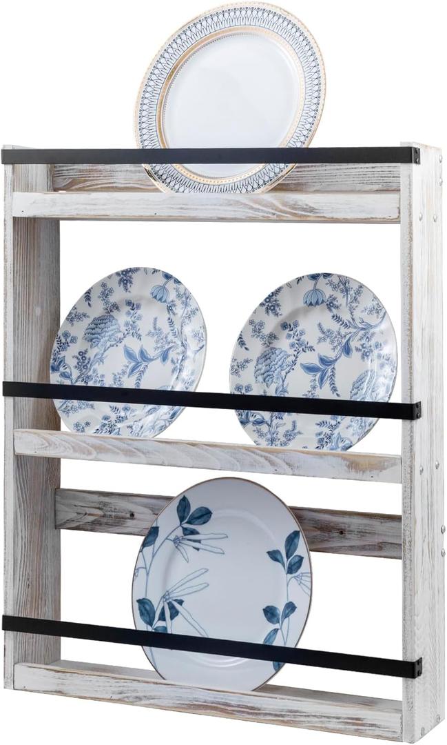 MyGift Wall Plate Display Rack, 3 Tier Farmhouse Whitewashed Wood Wall Mounted Plate Storage Rack, Holds 6-10inch Plates