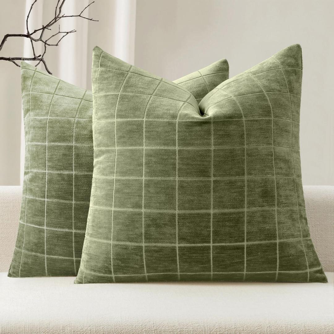 MIULEE Decorative Chenille Check Throw Pillow Covers Vintage Plaid Couch Pillows 20x20 Inch Set of 2 Neutral Boho Farmhouse Cushion Covers Modern Spring Decor for Sofa Bed Living Room Sage Green