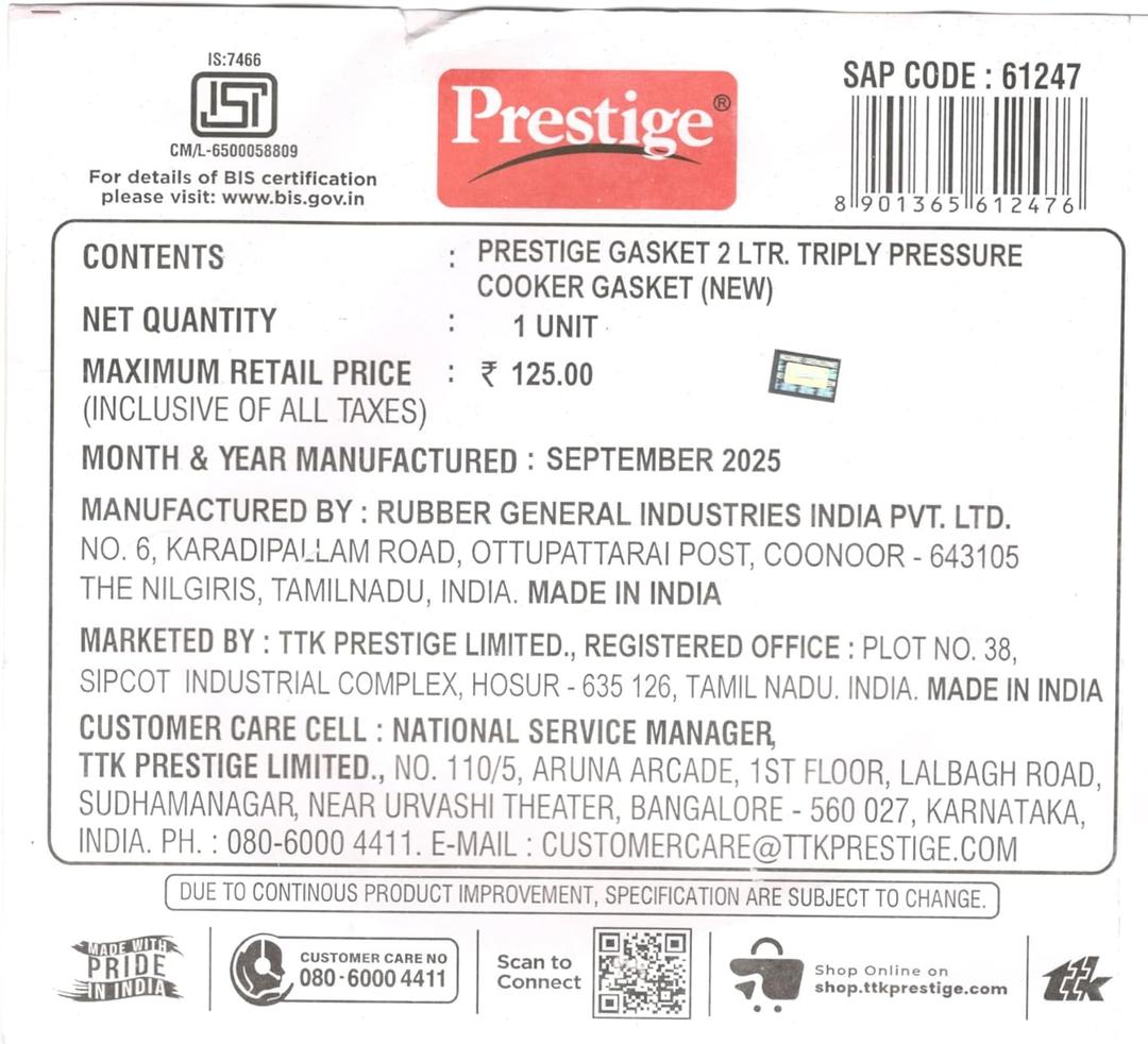 Gasket for Presttige 2 Litre Tri Ply Pressure Cooker, Single Piece