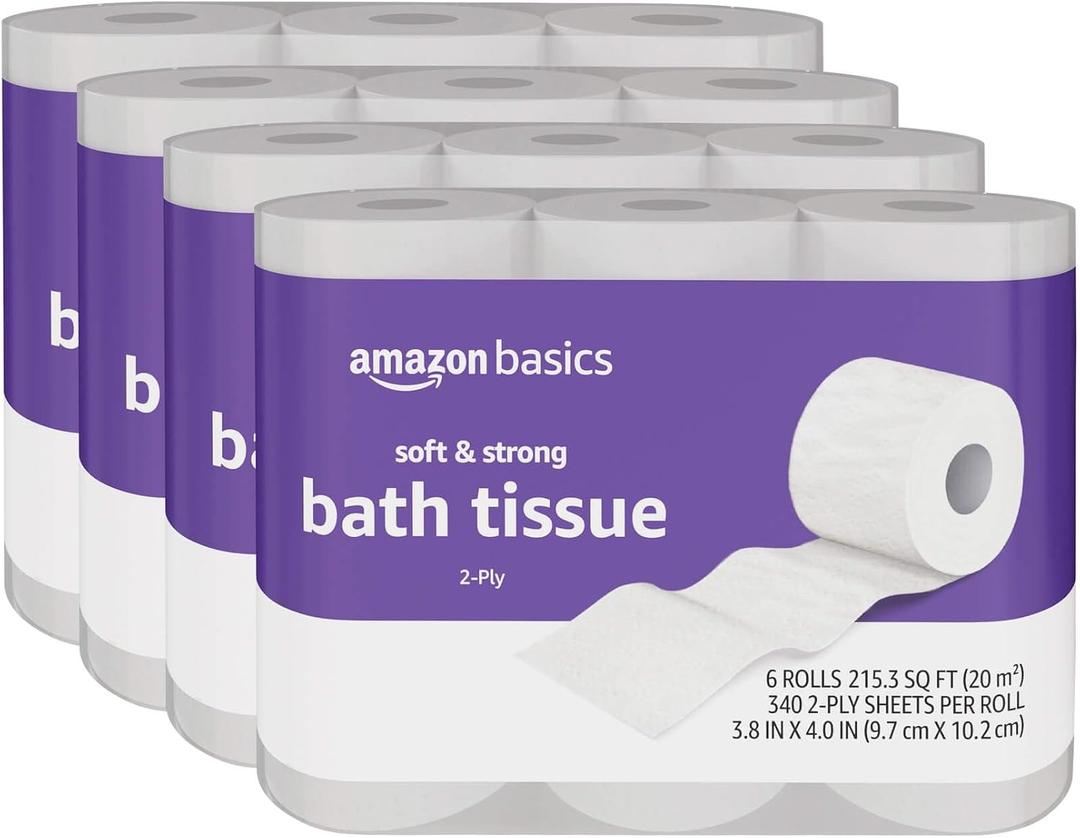 Amazon Basics Soft and Strong 2-Ply Toilet Paper, 24 Ultra Rolls = 96 Regular Rolls, Unscented, 340 Sheet (4 Packs of 6)