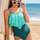 TUONROAD Teen Girls Swimsuits Size 14 Dark Green One Piece Swimwear for Girls Size 13-14 Two Layer Ruffle Adjustable Straps Padding Bathing Suit