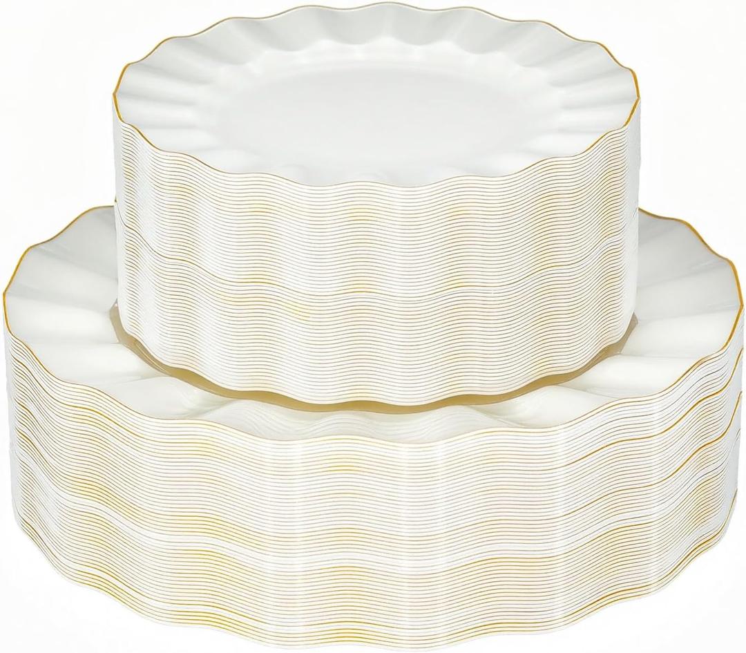 120PCS Ivory White Plastic Plates, Heavy Duty Disposable Party Plate with Gold Rim, Fancy 60 Dinner & 60 Dessert Plates for Parties and Wedding