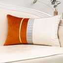 Yangest Burnt Orange Patchwork Velvet Lumbar Pillow Cover with Gold Striped Leather Cushion Case Modern Luxury Pillowcase for Sofa Couch Bedroom Living Room Home Decor, 12"x20"
